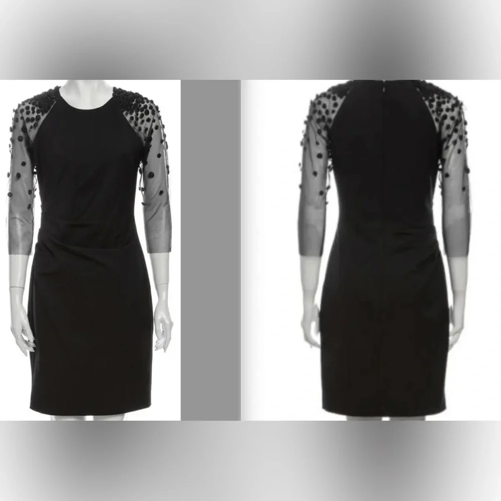 HOT Lela Rose Embellished Beaded Mesh Sleeve Ruched Sheath Black Dress $1695+! - Picture 10 of 12